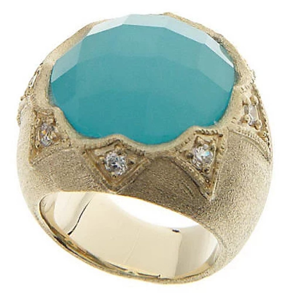 Rivka Friedman 18K Gold Clad Caribbean Blue Quartzite Bold Round Faceted Ring